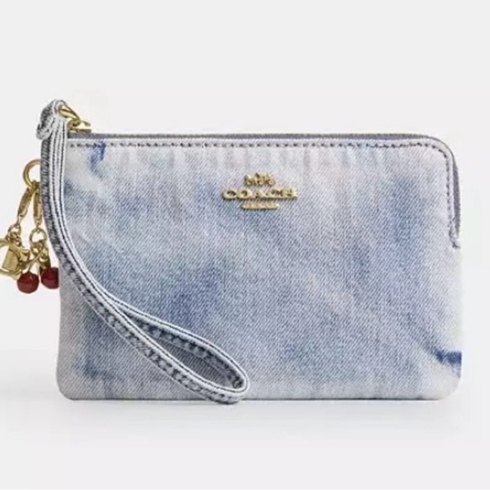 🍒New Coach Corner Zip Wristlet w/ 2 Charms in Loved Denim Gold/ Indigo